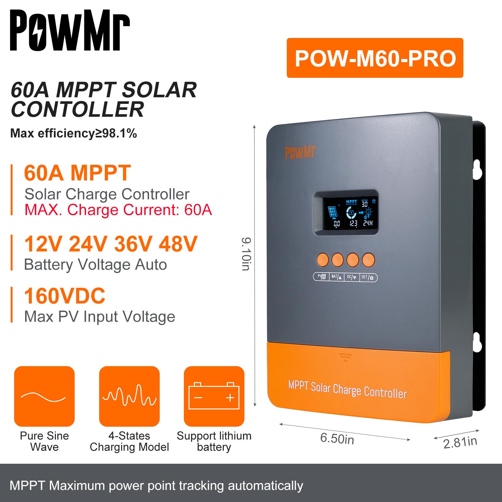 

PowMr MPPT 60A Солнечный контроллер заряда Черный LCD Дисплей Регулятор Макс. входное напряжение PV 160VDC Поддержка 12V 24V 36V 48V Литиевой батареи MPPT 60A