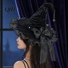 Pointed Witch Hat Halloween for Women, Velvet Wizard with Ruffle Costume Accessory Brim And Bow Party, Masquerade, Cosplay