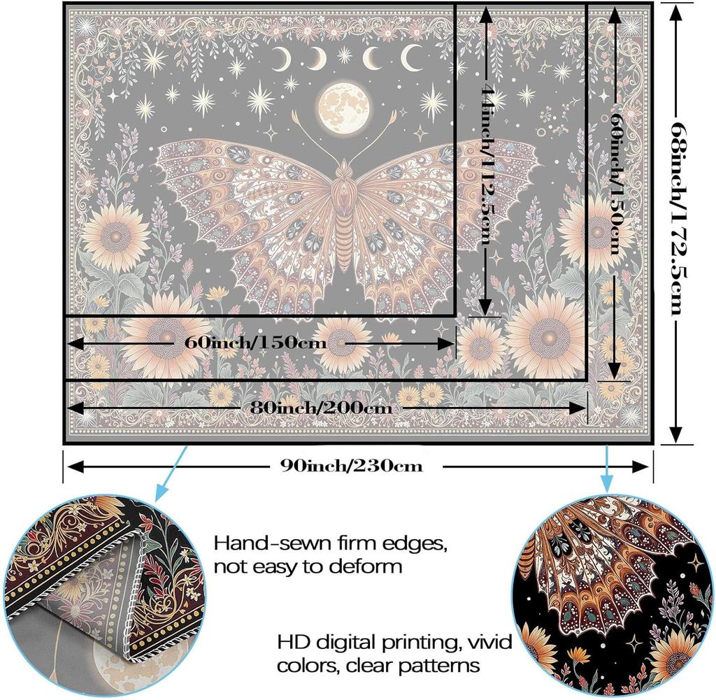 Butterfly Tapestry Moon Star Retro Floral Sunflower Plant Tapestries for Bedroom Witchy Aesthetic Room Decor Tapestries Wall