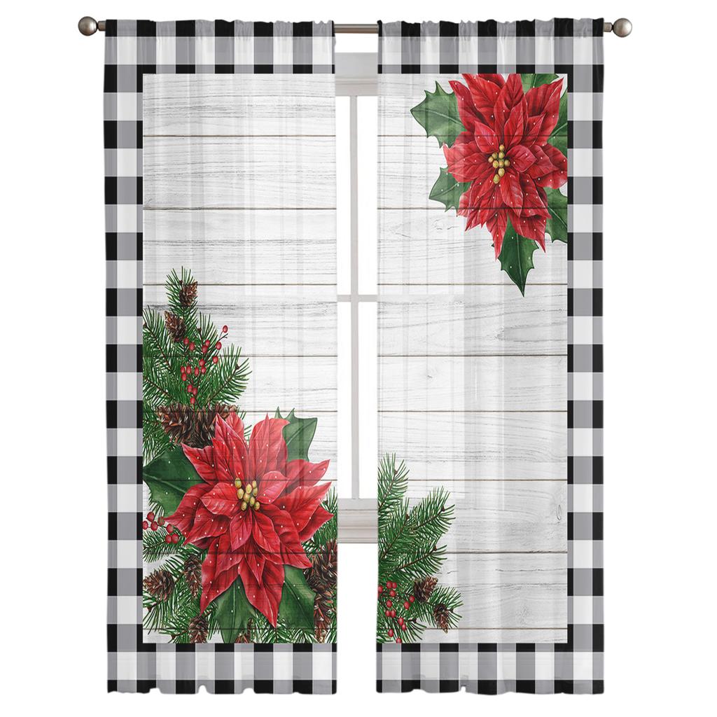 Winter Poinsettia Flower Vintage Sheer Curtains For Kids Bedroom Living Room Voile Curtains Xmas Kitchen Tulle Curtain
