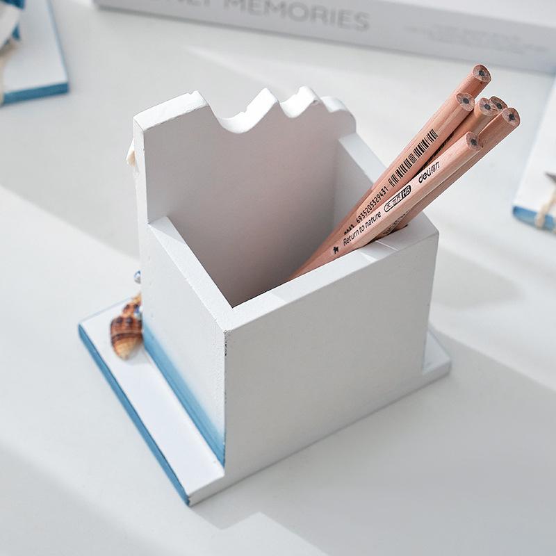 Mediterranean style creative pen holder storage box, ocean style home wood office desktop decoration gift