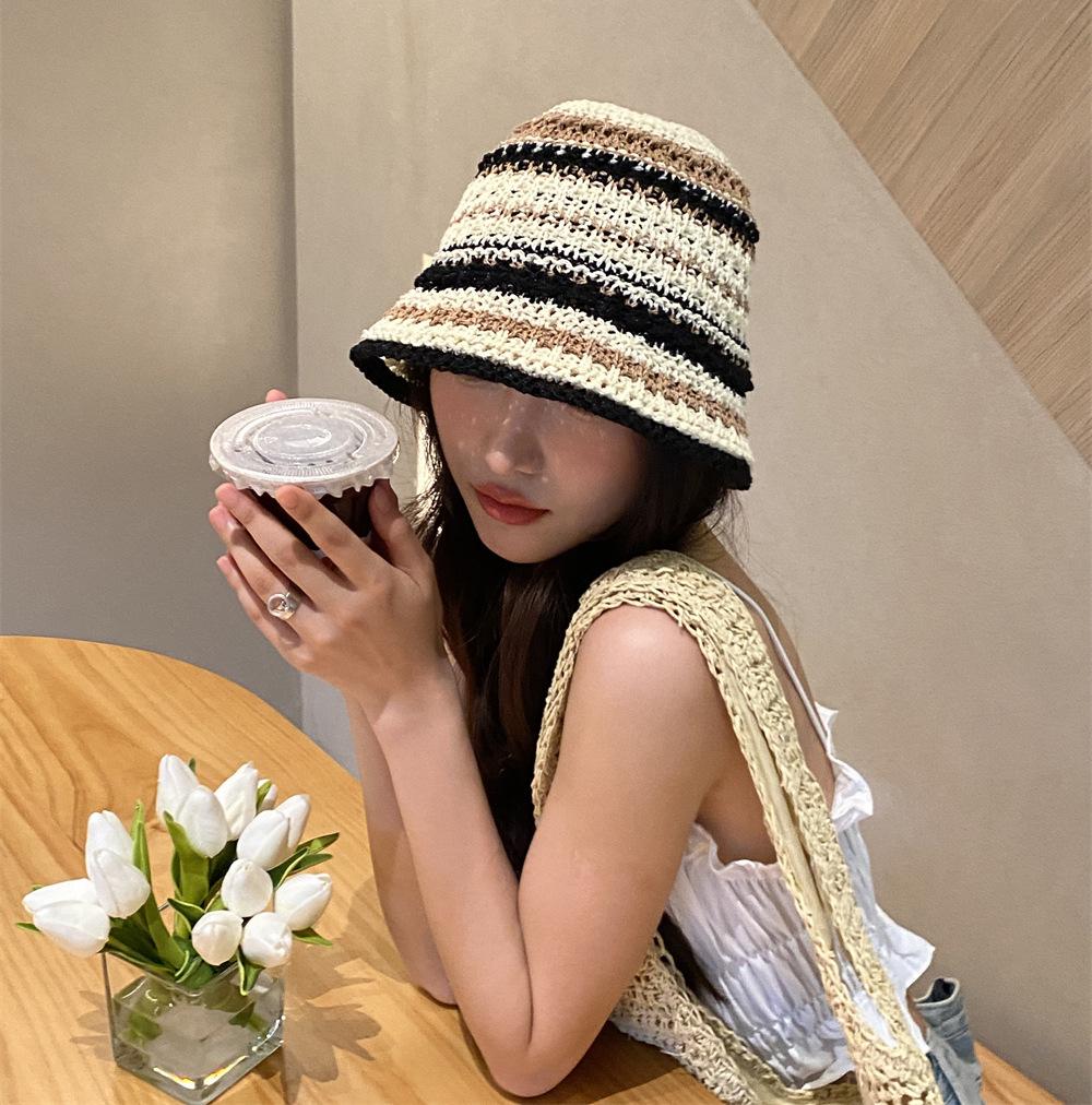 Spring and summer thin handmade knitted fisherman hat striped soft top basin hat versatile sun protection travel visor