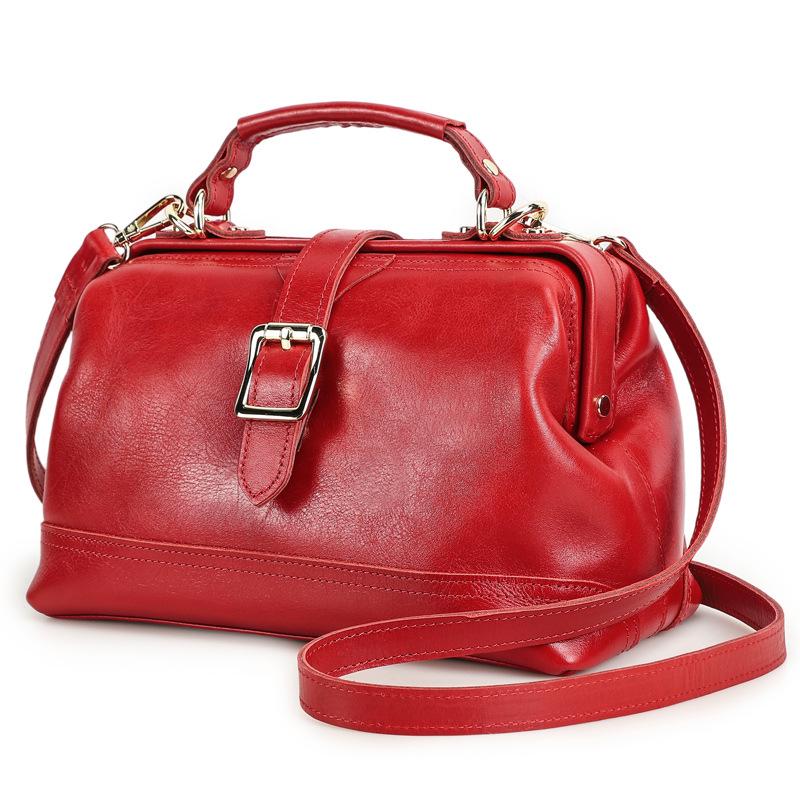 Full-Grain Cowhide Convertible Women's Shoulder Handbag with Metal Hinge Buckle