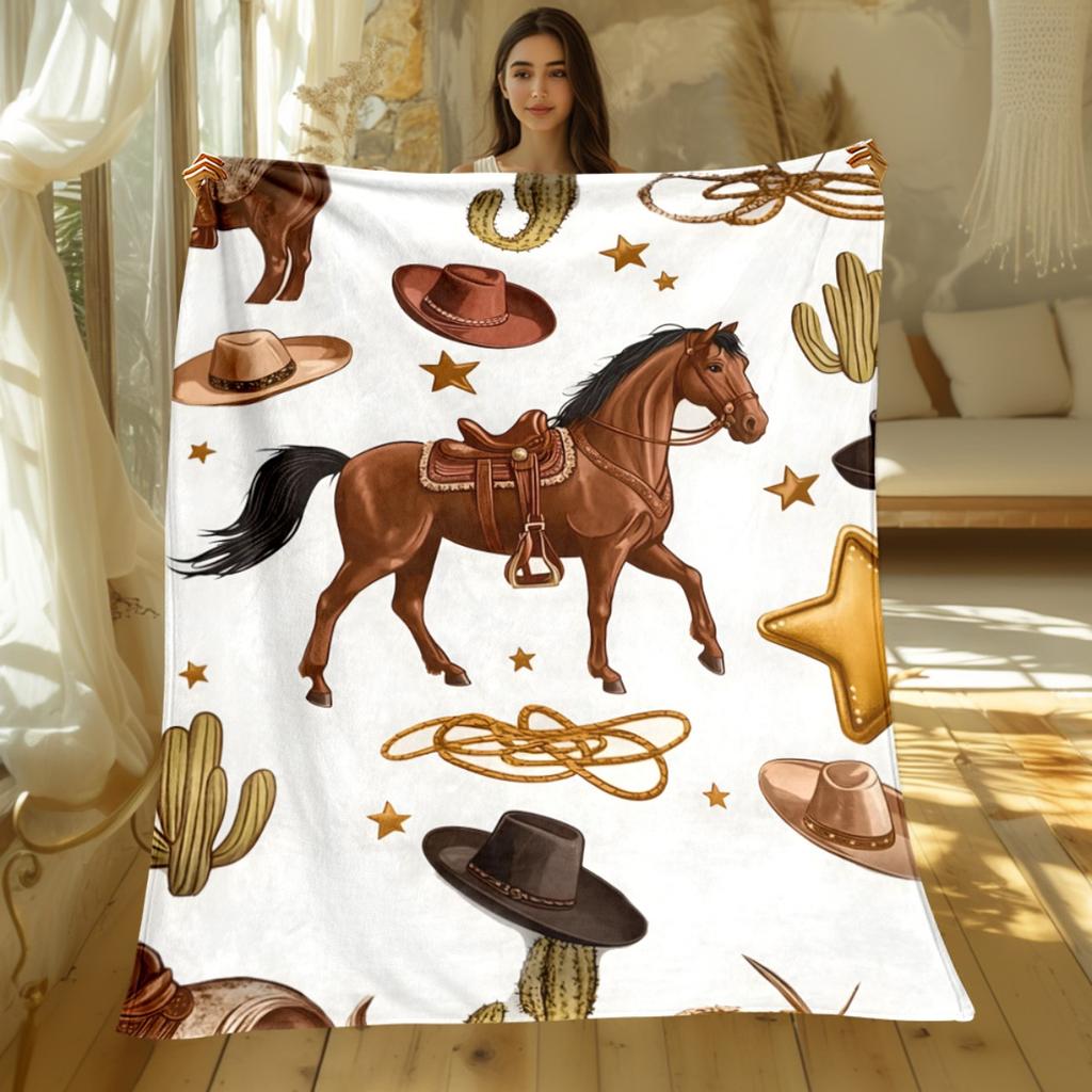 Western Cowboy Horse Star Cactus Pattern Blanket Rustic Decor Country Style Throw Blanket Soft Fleece Blanket Living Room Gift