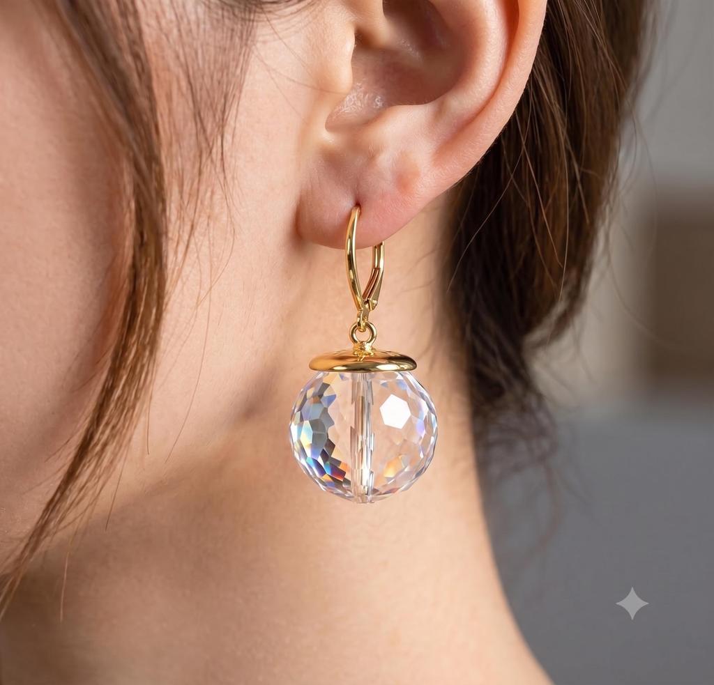 Moissanite Earring, Gold Fill Leverback Earring, 925 Sterling Silver, Ball Shape Gemstone, Handmade Drop Jewelry, Women's Earring
