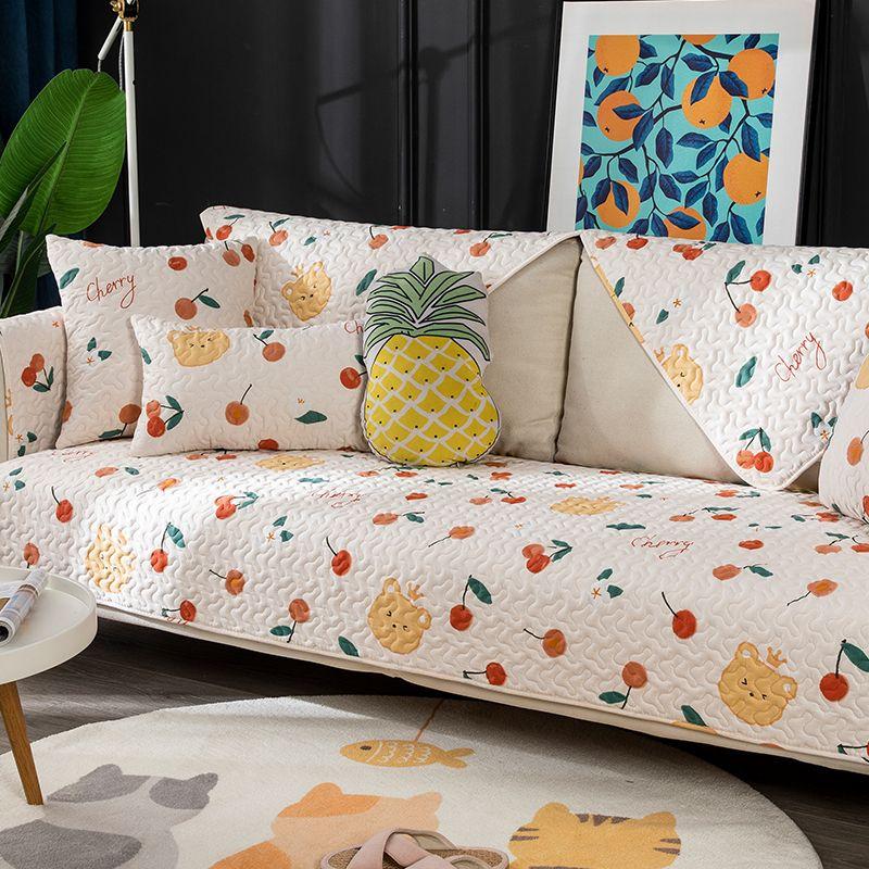 

Pure Cotton Sofa Cushion All Year Round Neutral Cotton Fabric Non-Slip Cushion Minimalist Modern Living Room Sofa Towel Slipcover Scandinavian Cherry Bear 45*45 single side pillow, single core