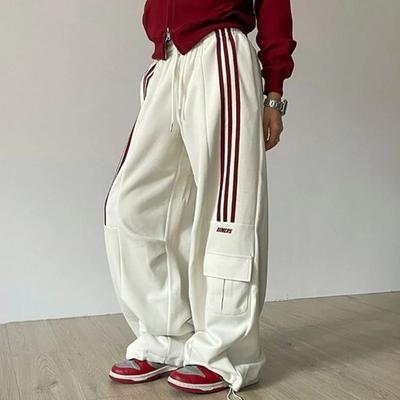 Amerikaanse Retro Luie Stijl Wijde Pijpen Broek Dames Effen Strepen Elastische Hoge Taille Trekkoord Losse Casual Rechte Sportbroek