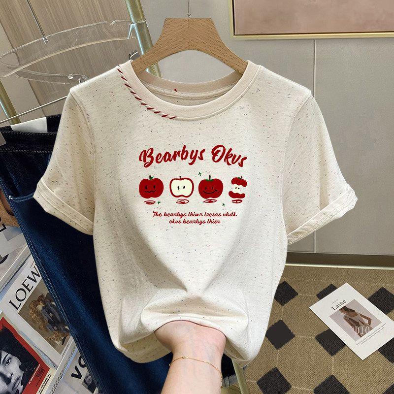 

Pure Desire Style Chic Trendy Color Point Niche Short sleeve Chubby Girl Unique Top Shoulder Print Age-Reducing Gyaru Bottoming Shirt A0447 Apricot Color L