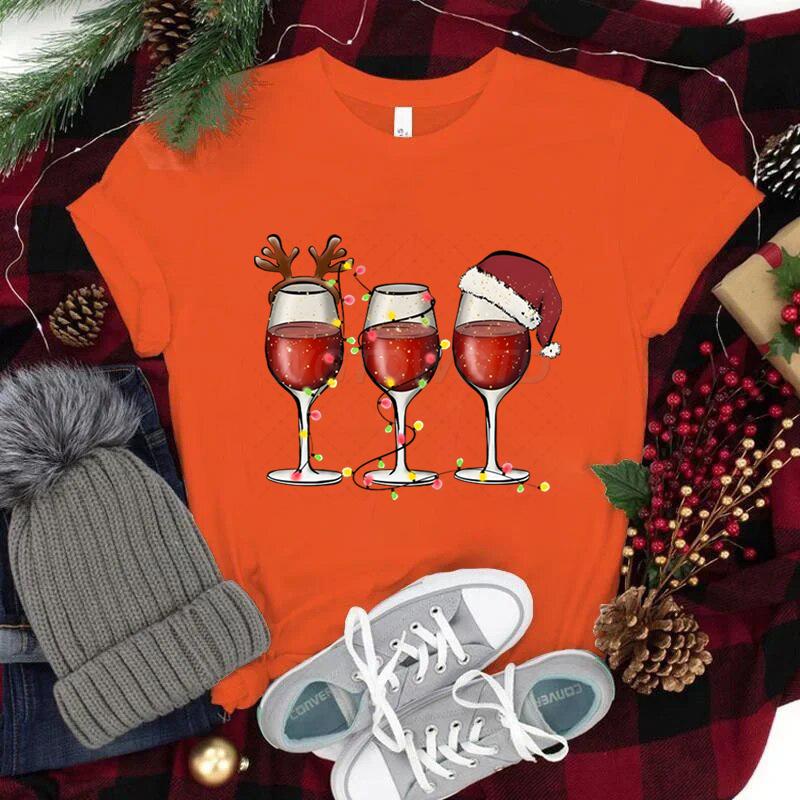 Women Wine Glass Christmas Hats T Shirt Lights Xmas Gifts Cartoon Top Happy New Year Tshirt Harajuku Fashion Womens Clothing