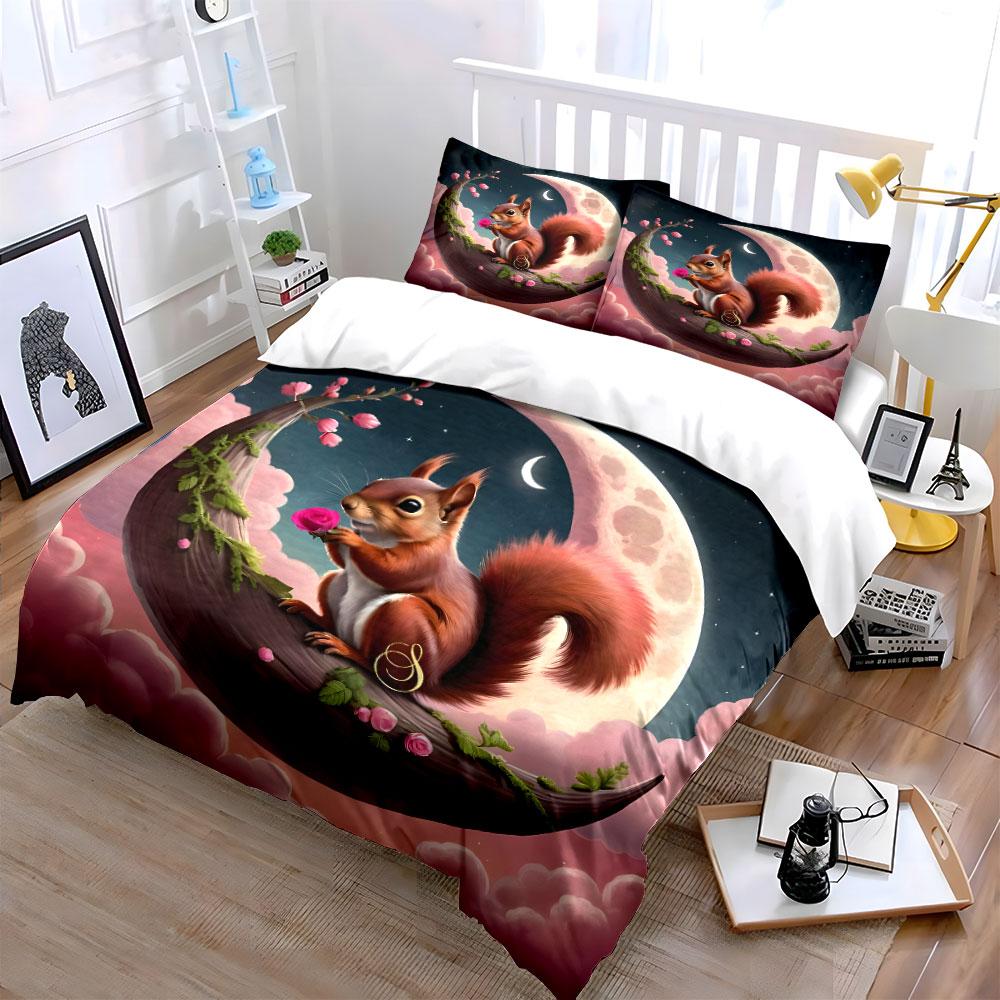 Squirrel Moonlit Fantasy Art Set Exquisite Three-Piece Bedding Set Gift For Kids And Adults