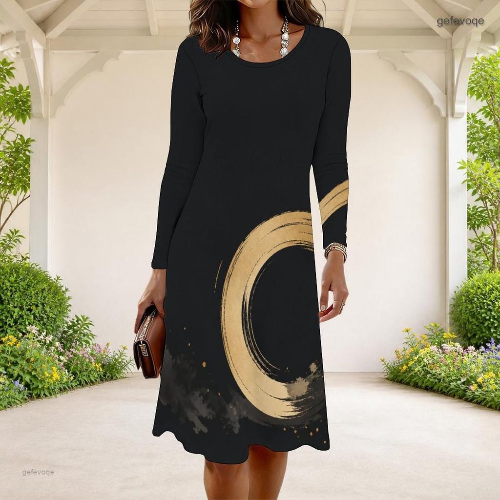 Women Plus Size Long Sleeve Round Neck Abstract Printed Black A Line Midi Dress