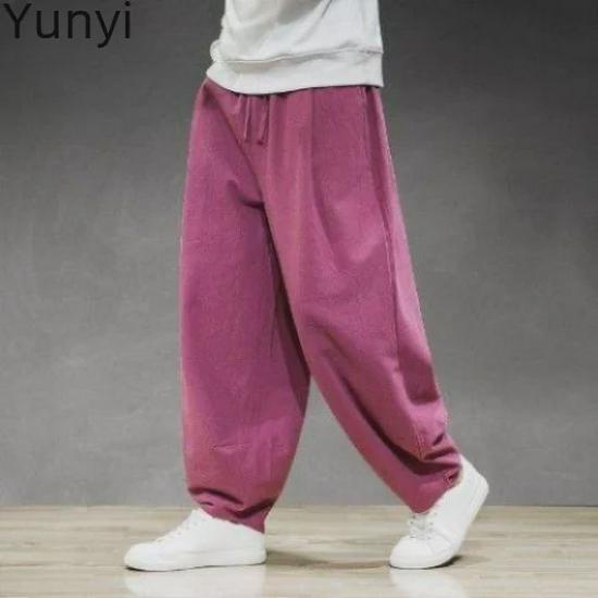 Men's Plus Size Cotton-Linen Wide-Leg Harem Pants for Spring and Summer