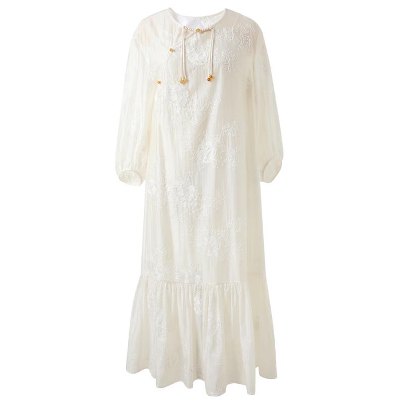 New Chinese Style Lyocell Embroidered A-Line Long Dress XL