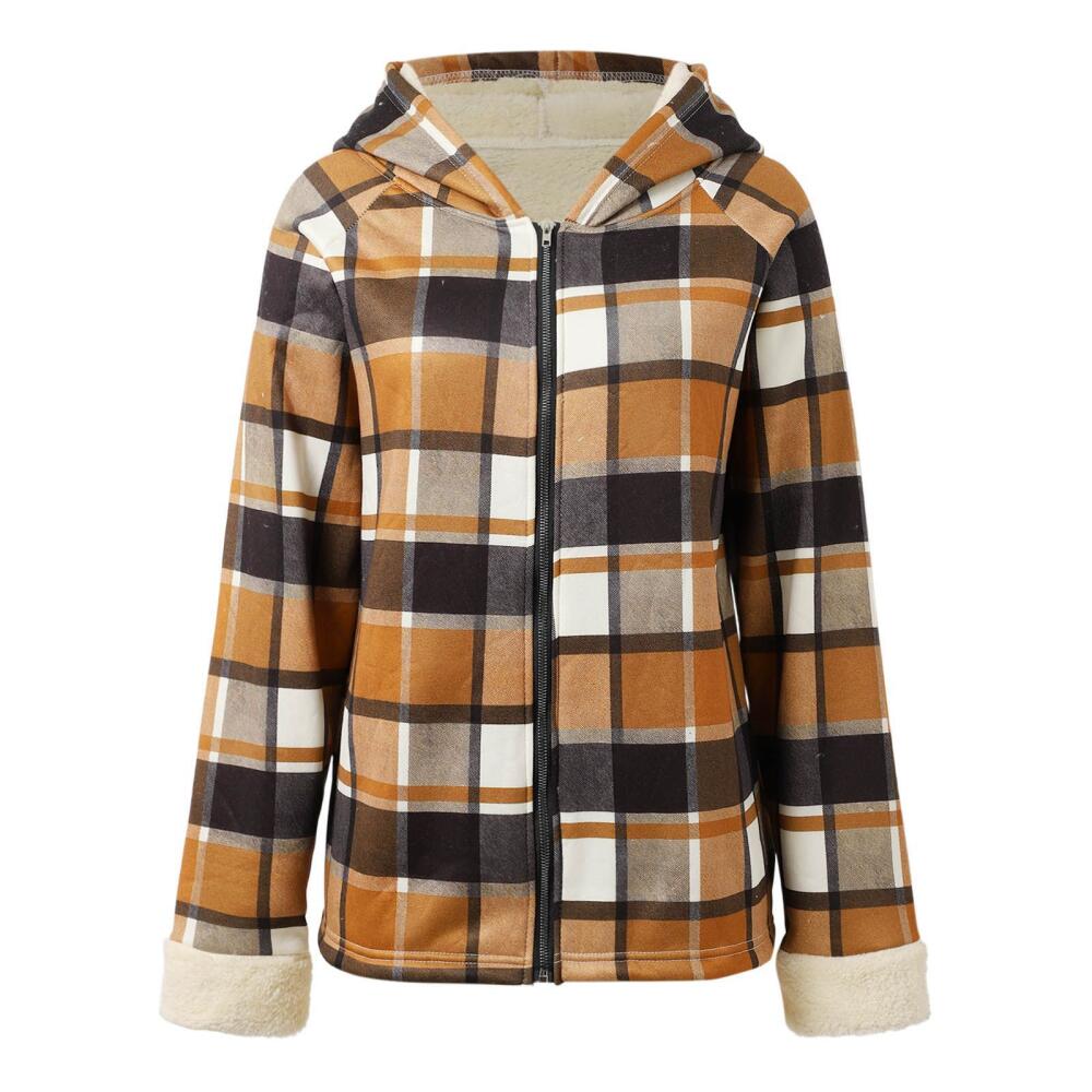 Women's Winter Plaid Hooded Jacket with Warm Plush Lining, Full-Zip Closure and Long Sleeves for Casual Daily Wear
