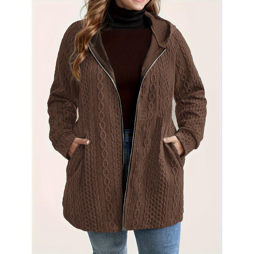 Women's Plus Size Cable Knit Hooded Jacket Zip Up Long Sleeve Casual Coat With Pockets