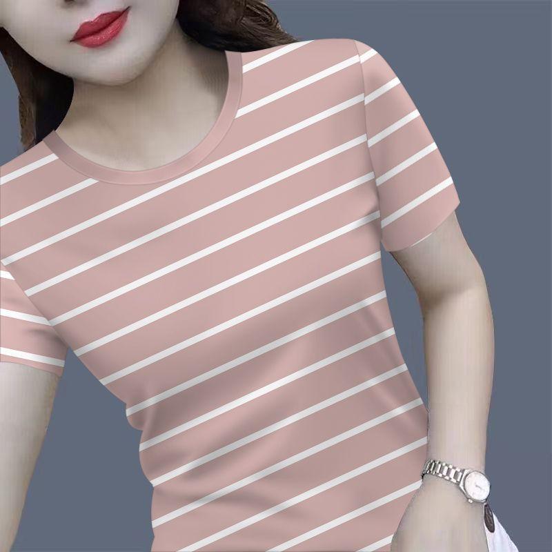 Plus Size Women's Belly-covering Black and White Striped Short-sleeved T-shirt Women's Loose New All-match Blouse Half-sleeved