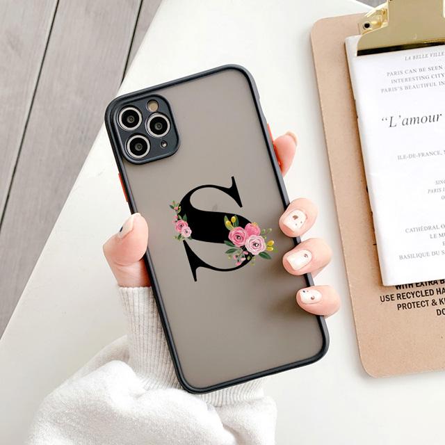 Black Letter Flower Matte Phone Case For iPhone 15 12 14 Pro Max Cases For iPhone 11 13 pro Back Cover fashion Shell Coque