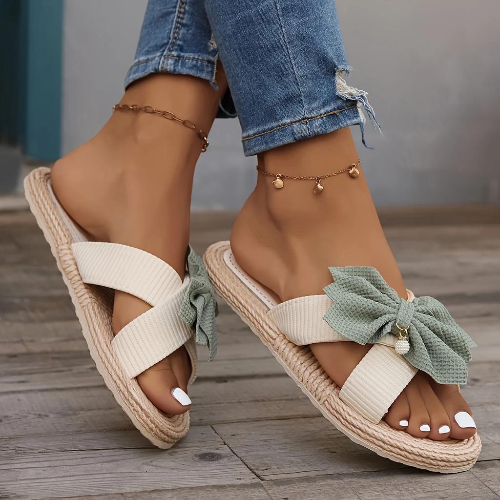 New Large-sized Cross-shaped Women's Flat Sandals, Flower-shaped Fashionable and Casual Outerwear Slippers, and Home Casual Beaded Shoes