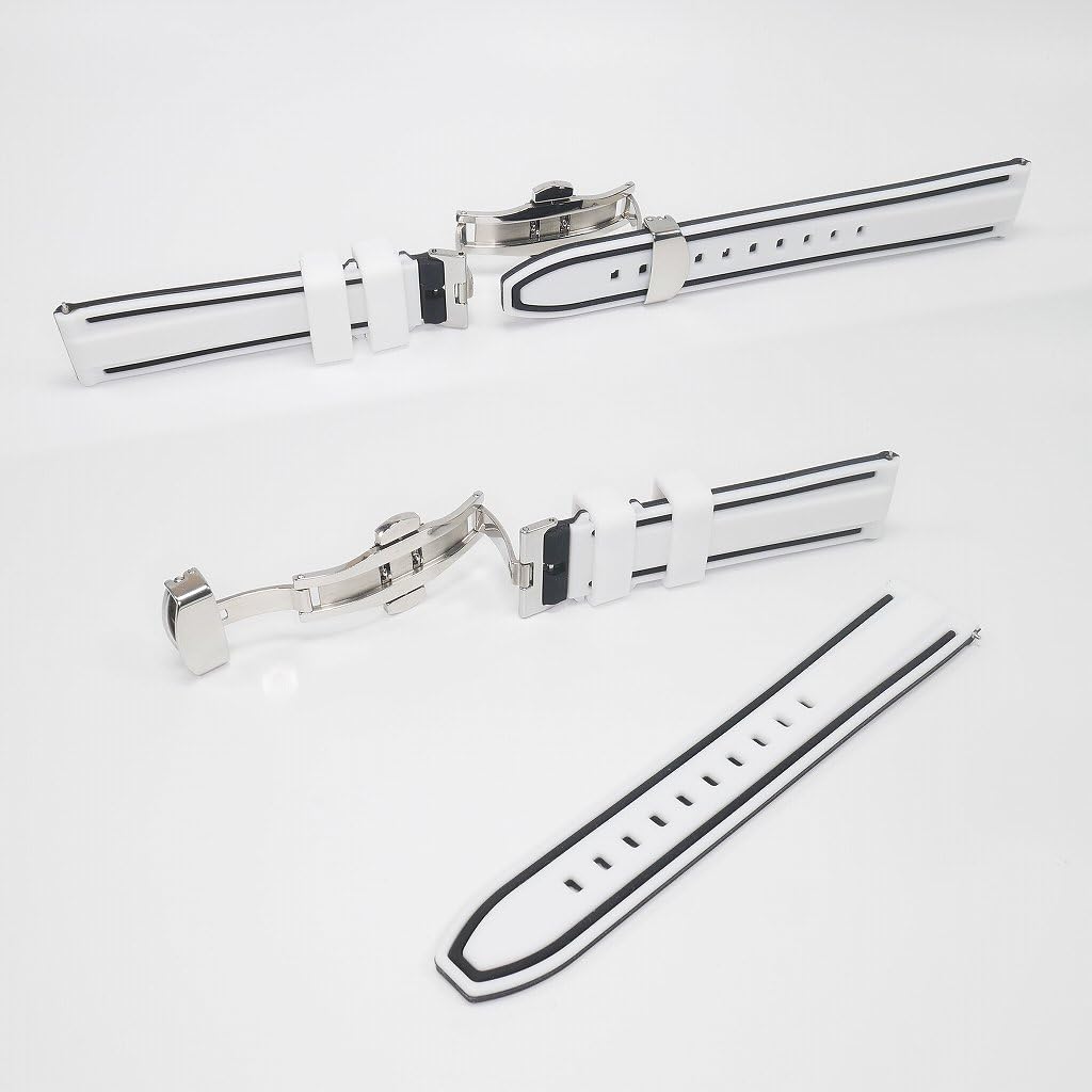 Swatch x Omega compatible rubber strap with type D-buckle, double-line (white/black lines)