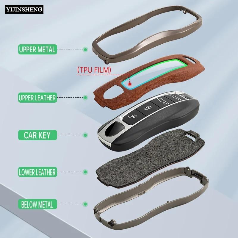 Zinc Alloy + Leather Car Key Case Cover Fob Holder For Porsche Cayenne Panamera 971 911 9YA Macan 718 Cayman Boxster 3 Remote
