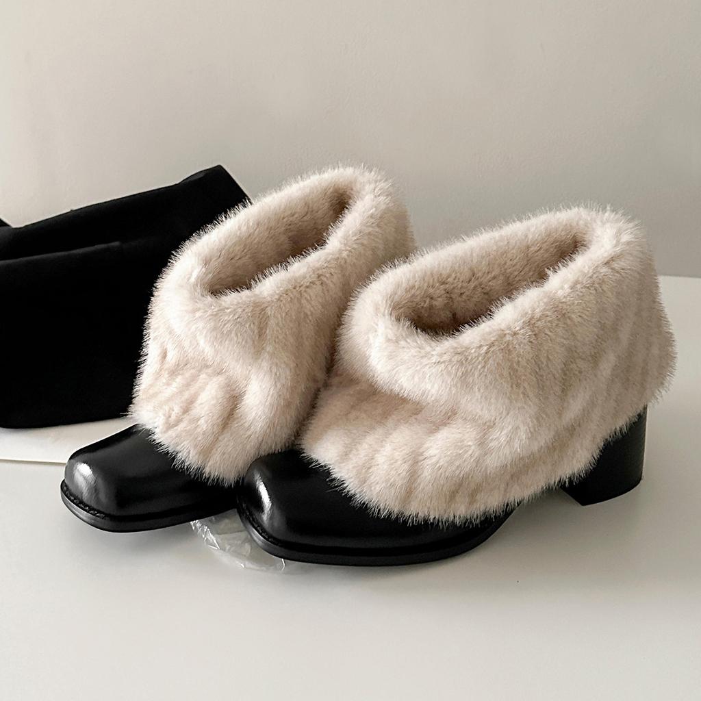 Stylish niche personalized warm snow boots women's French square head thick heel plush winter plush cotton boots