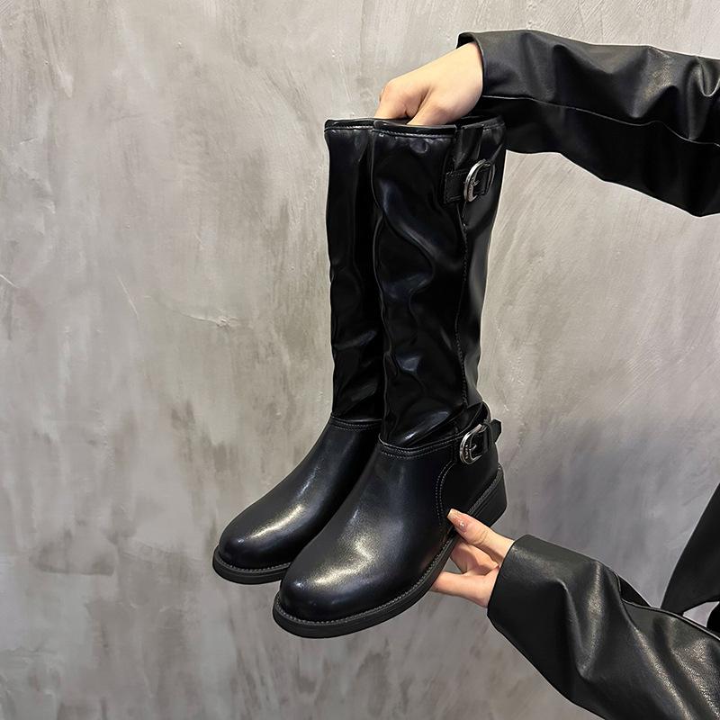 French Retro Western Boots Women's New Suede High Boots Knight Boots Belt Buckle Color Matching Fashion Boots Women's Boots