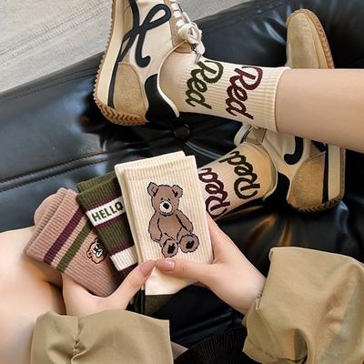 Ladies Spring and Autumn Trend Casual Cartoon Bear Preppy Sports Tube Socks
