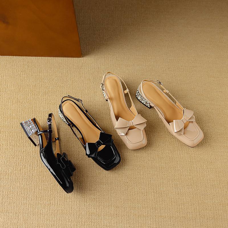 Krazing Pot Sheepskin Cow Skin Summer Size 40 Med Heels Butterfly-knot Decoration Square Toe Slingback Wedding Pumps