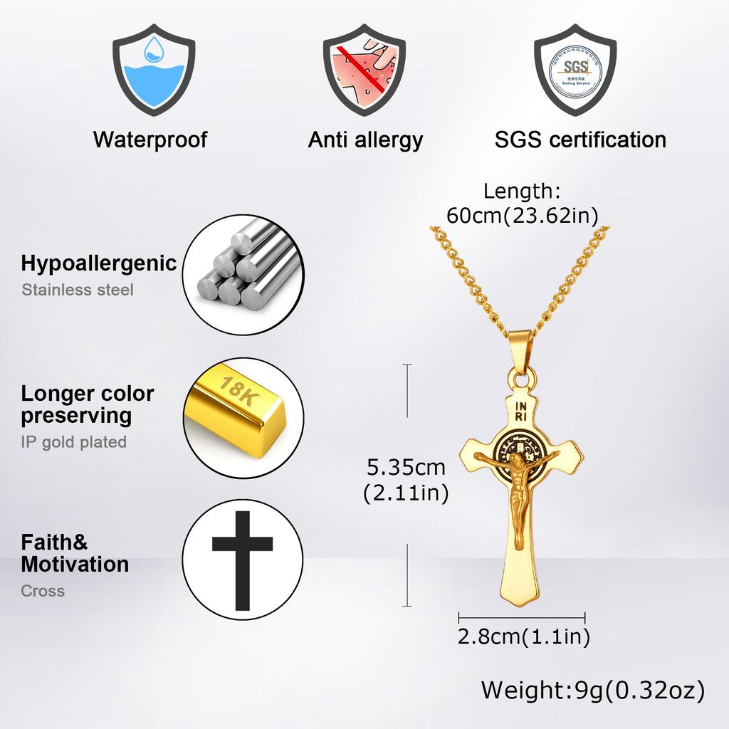 Stainless Steel Catholic Cross Necklace for Men,St. Benedict's Catholic Crucifix Pendant Necklace,Religion Gothic Jewelry Gift
