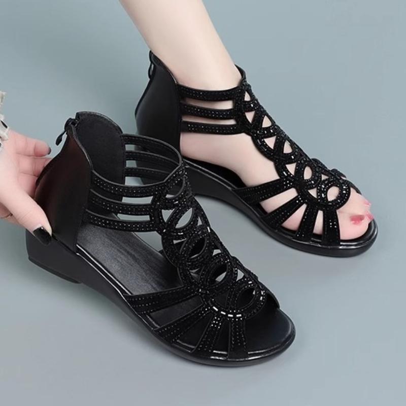 Fashion 2025 Women Sandals Wedges New Summer Comfortable Hollow Roman Sandals Elegant Low Heel Shoes for Women Fashion Zapatos De Mujer