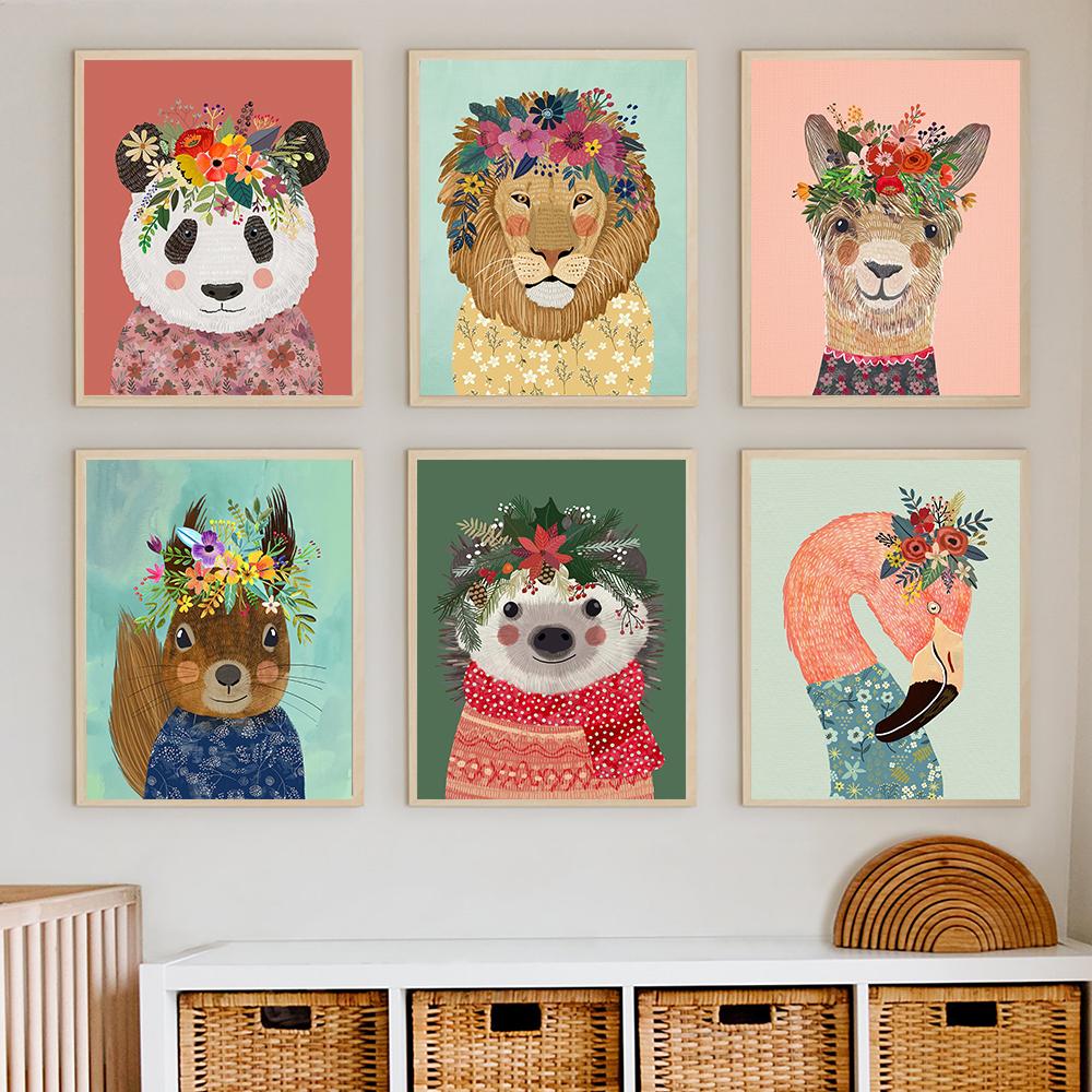 Panda Tiger Löwe Igel Bär Kinderzimmer Wand Kunst Leinwand Malerei Blume Aninmal Poster Und Drucke Bilder für Kinderzimmer Dekor