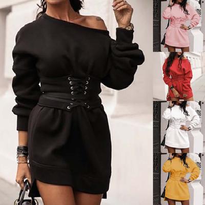 Women's Fashion Sweater Sexy Round  Neck Loose Waist Long Sleeve Dress