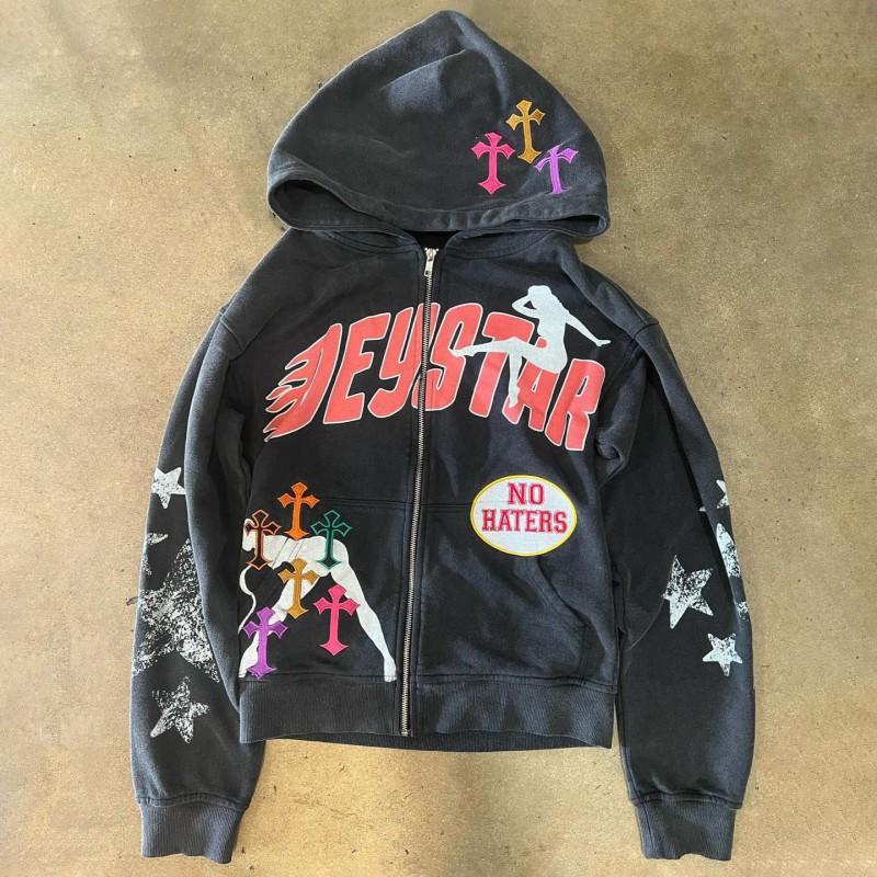 Unisex Y2K Zip Up Hoodie Loose Fit Streetwear Graphic Print Casual Sweatshirt