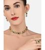 Green & Pink Stones Ethnic Collar Bone Necklace Earring & Ring Set For Women