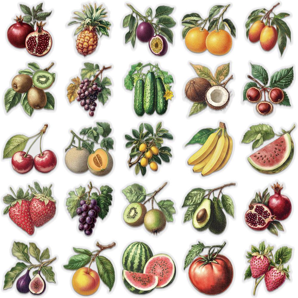 50-Piece Retro Fruit Transparent PET Stickers for Journals and Decoration