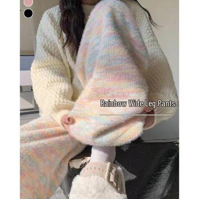 Spring 2024 Rainbow Knit Cashmere Wide-Leg Pants for Women - Loose, Casual & Stylish