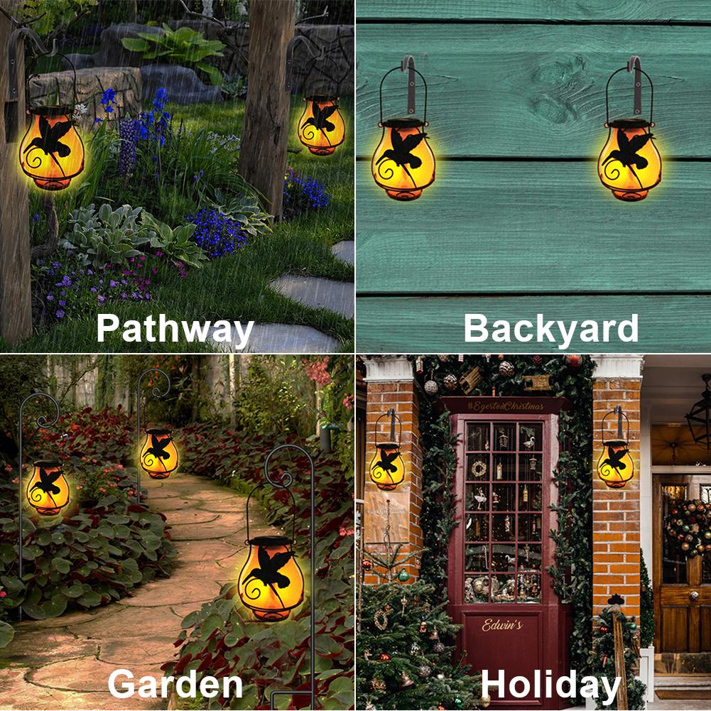 Outdoor Solar Metal Lantern IP65 Waterproof Flickering Flame Outdoor Hanging Lantern Solar Tree Lantern for Pathway Patio Porch