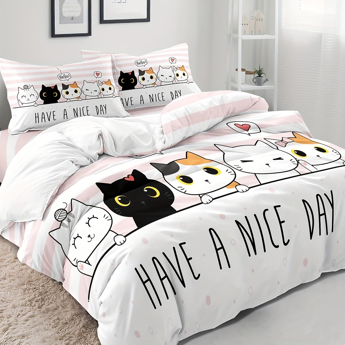 

Cute Cartoon Cat Duvet Cover Set Animal Bedding Set Ultra-Soft Duvet Cover With Pillowcase For Bedroom Guest Room Dorm Home 90X200cm 2PCS
