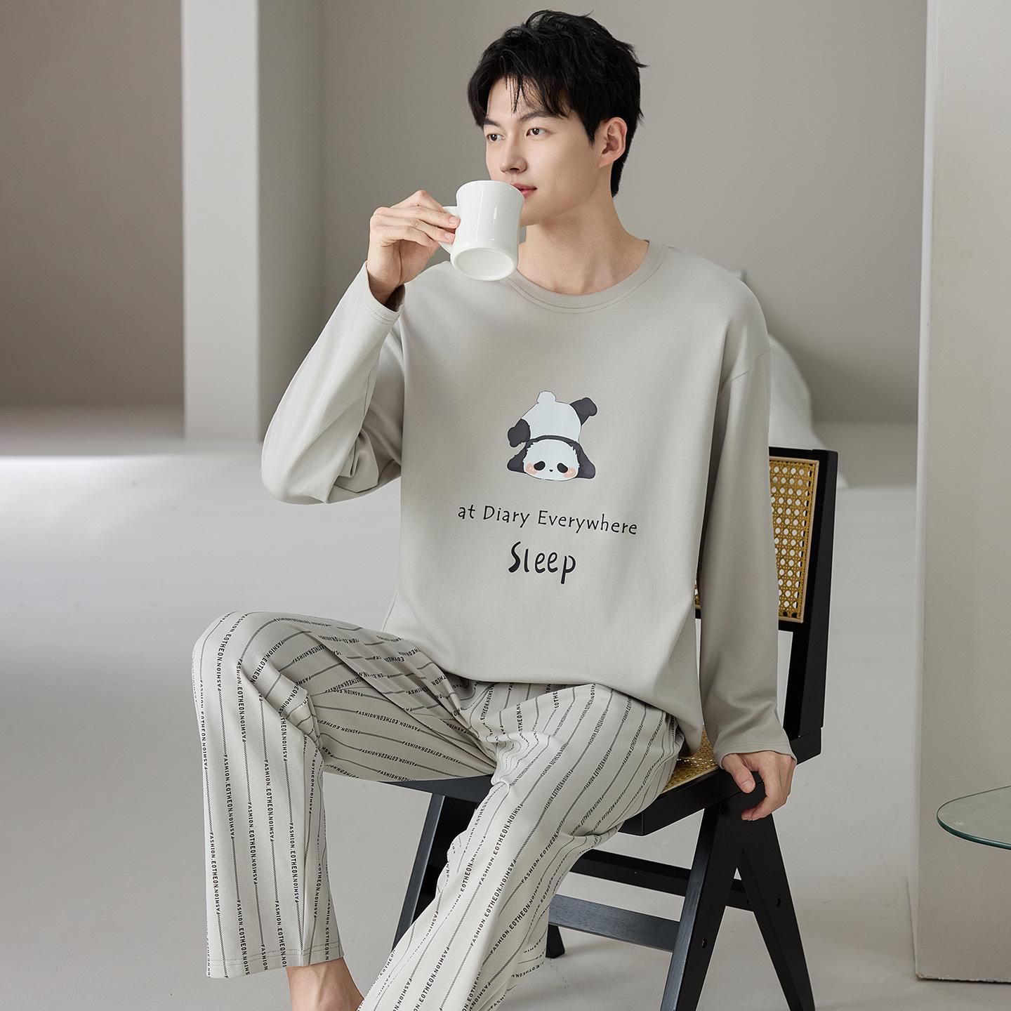 

Men s Pure Cotton Long Sleeve Pajamas: 2025 New Plus Size Cartoon Homewear Set for Autumn & Spring XXXXL