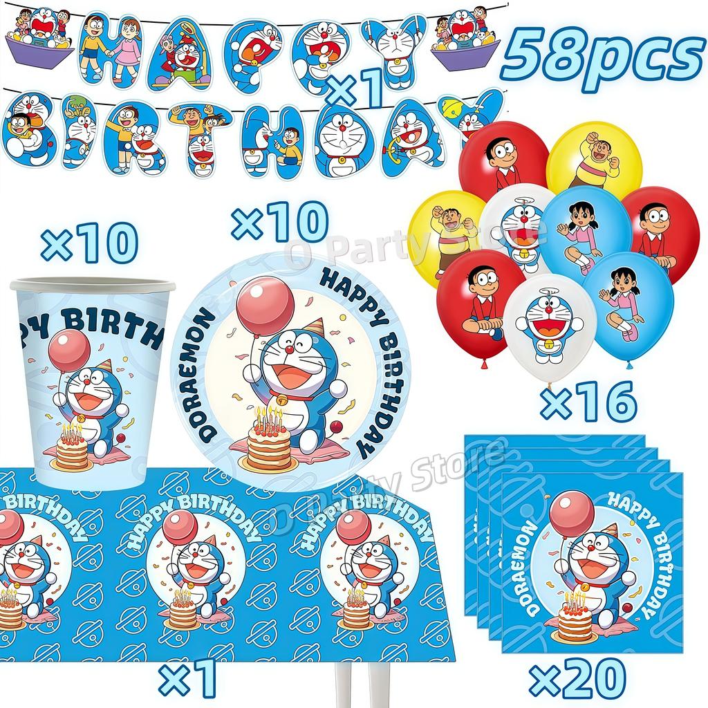 Doraemons Birthday Party Decoration Tableware Plate Cup Balloon Cake Topper Banner Stickers Kids Favor Gift Baby Shower Supplies