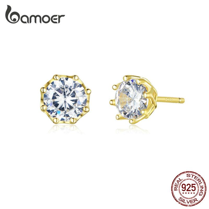 Bamoer Authentic 925 Sterling Silver Classic Clear Cubic Zircon Small Stud Earrings