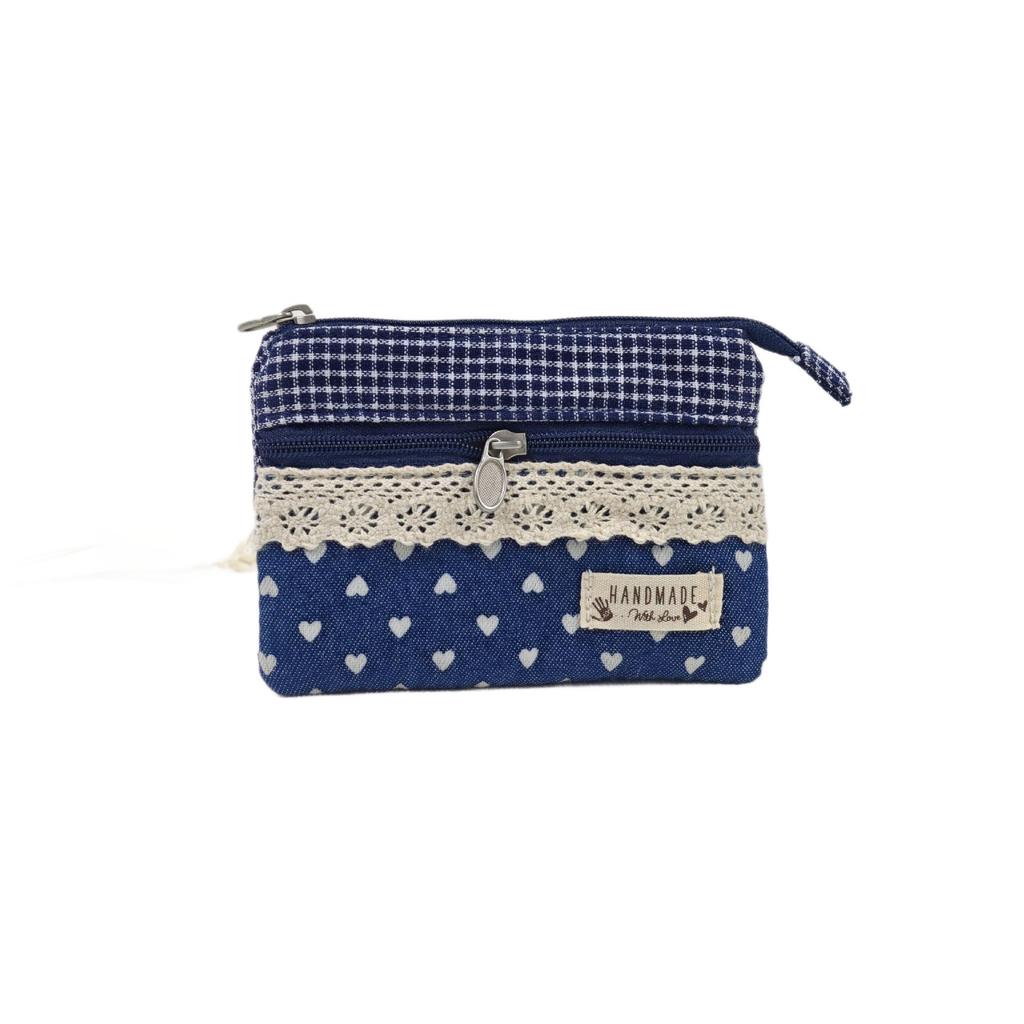 Handmade Countryside Fabric Double Zipper Coin Purse & Key Holder for Women