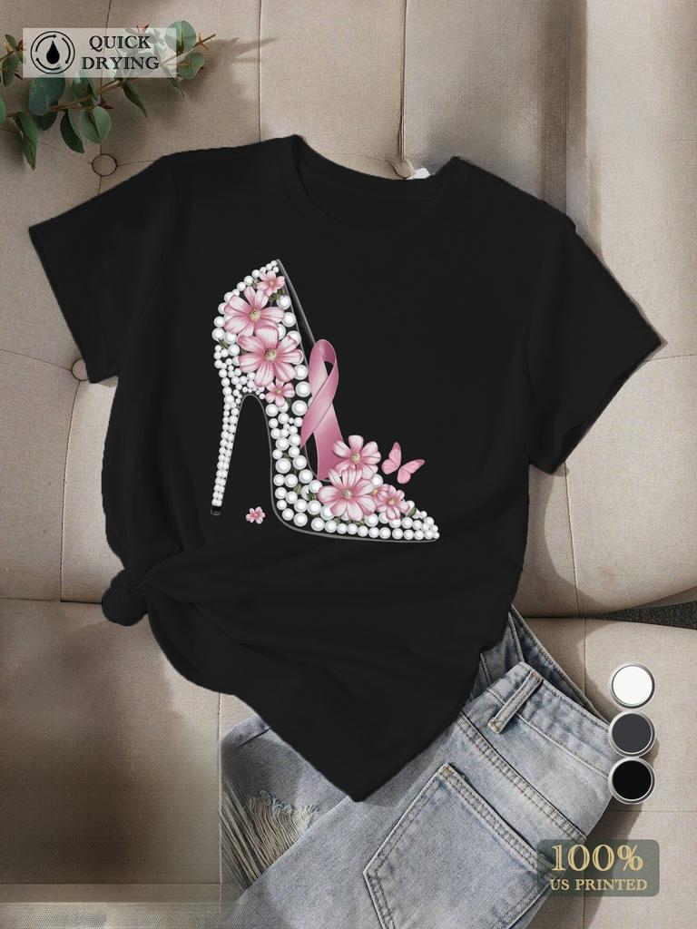 Women's Tee Black with Pink Pearl Floral High Heel Shoe Illustration Casual Short Sleeve Round Neck Showing Elegant Style