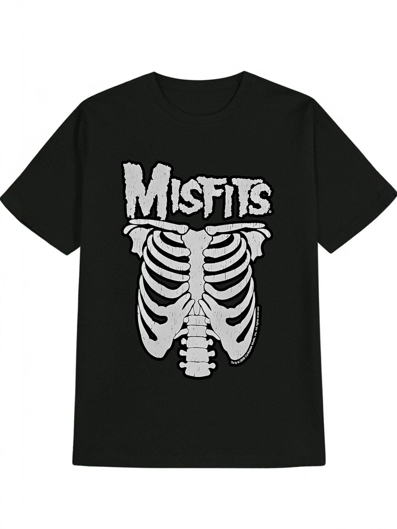 Casual Graphic T-shirt - Black with White MISFITS Skeleton Ribcage Print L