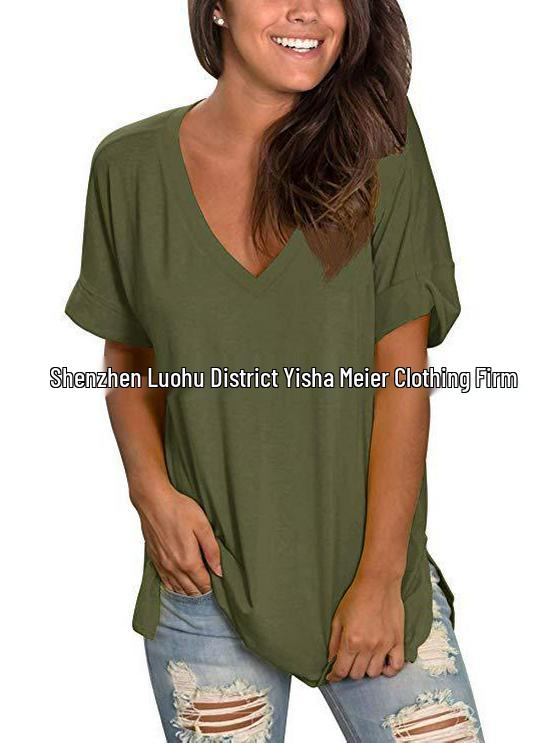 

Женская футболка с V-образным вырезом, свободного кроя, с короткими рукавами и разрезом по подолу, 2024 2XL