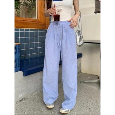 Calças Casuais Femininas com Textura Xadrez, Design de Bolinhas, Senso, Soltas, com Cordão, Pernas Largas