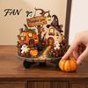 Wooden Pumpkin Decor for Home Halloween Tabletop Sign, Black Cat Ghost Haunted House Plaque Gift Party with Stand, Spooky Farmhouse Desktop