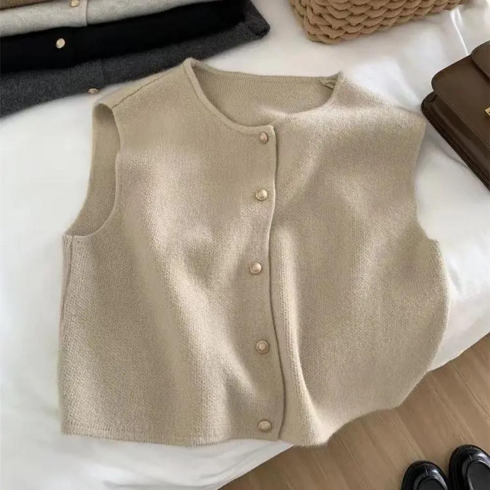 Crew Neck Women's Korean Solid Button Short Sleeve Cardigan Coats Sweater Knitted Sleeveless Ladies Elegant Tanks Bottoming
