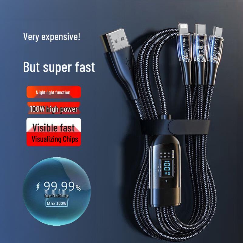 

Кабель 3-в-1 для быстрой зарядки 100 Вт, прозрачный, 1,2 м, с цифровым дисплеем для устройств Apple, Android и Type-C One-to-three (3A) Constant Light чёрный