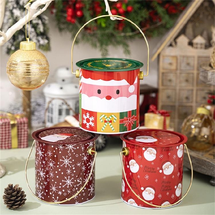 2pcs Decorative Christmas Candy Boxes Handheld Round Bucket Portable Sweets Tins with Handle for Family Gathering